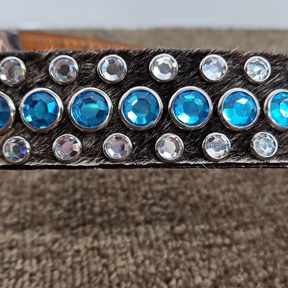 Vtg 1994 Double J Saddlery Bling Horsehair Leather Belt Silver Floral Buckle 32 main image 5